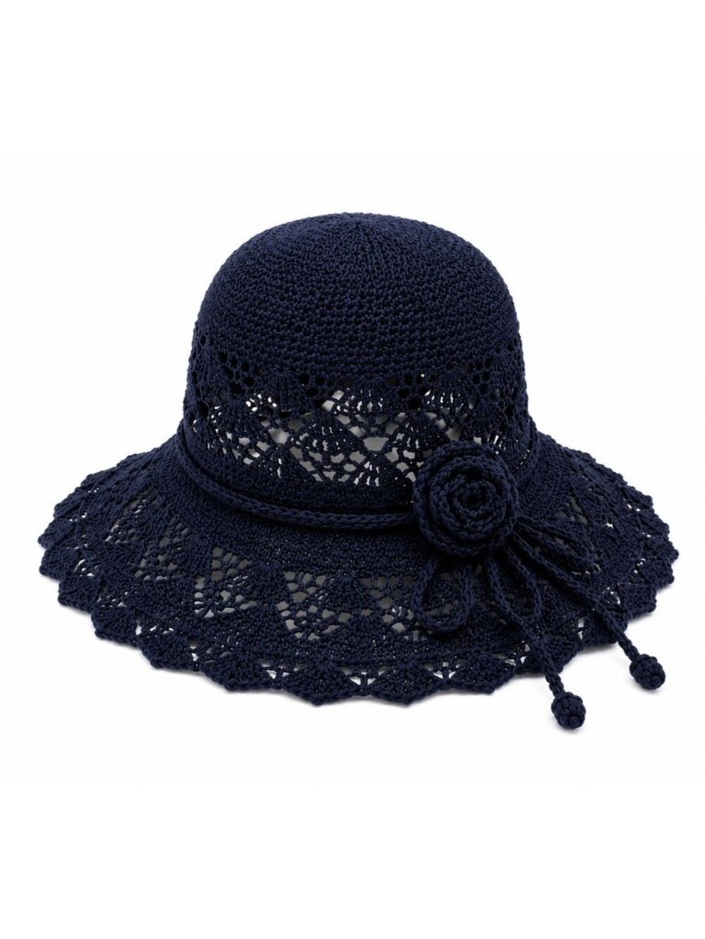 Navy Blue Wide Brim Sun Hat Floral Bow Foldable Beach Travel Garden Hat UV Prote